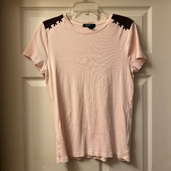 Lauren Ralph Lauren || Pink and Brown Tee || Faux Leather Capped Shoulders || XL - Picture 1 of 2